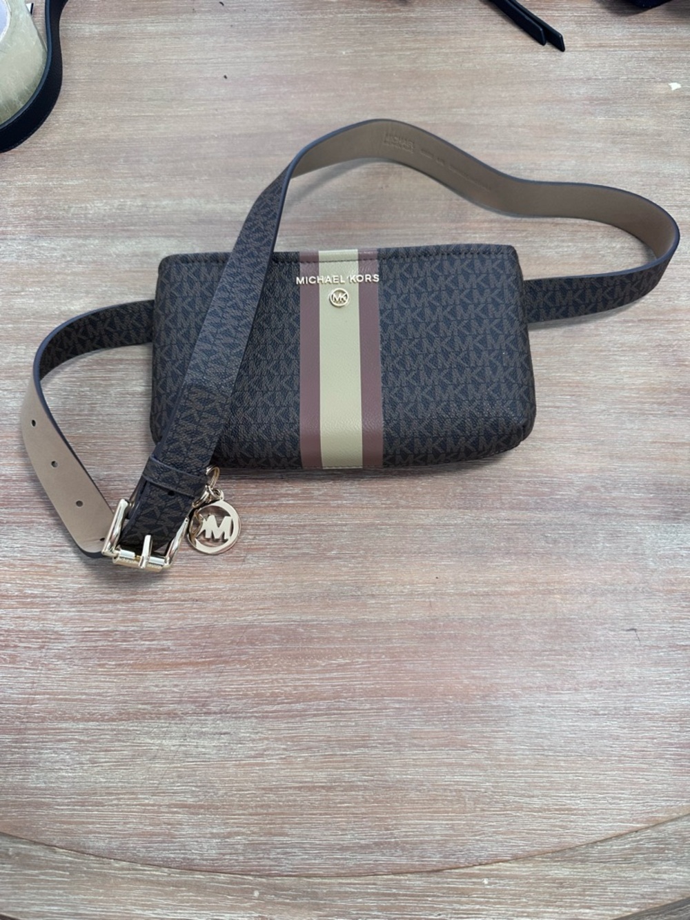 Michael Kors Brown MK Monogram Belt Bag with Cream & Mauve Stripe
